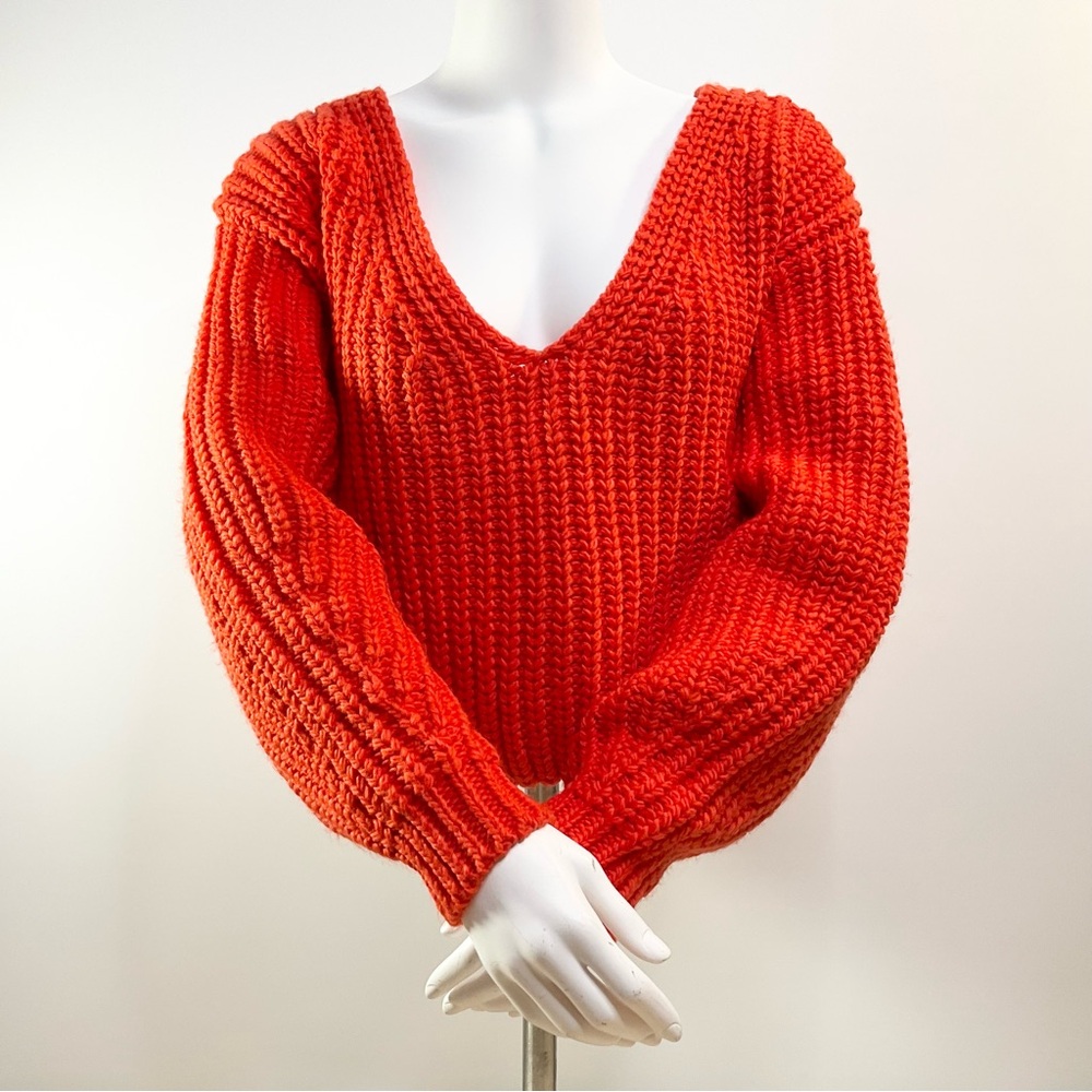 H&M Orange Chunky Rib Knit Oversized V Neck Sweater Womens SZ M Y2K Loose Comfy